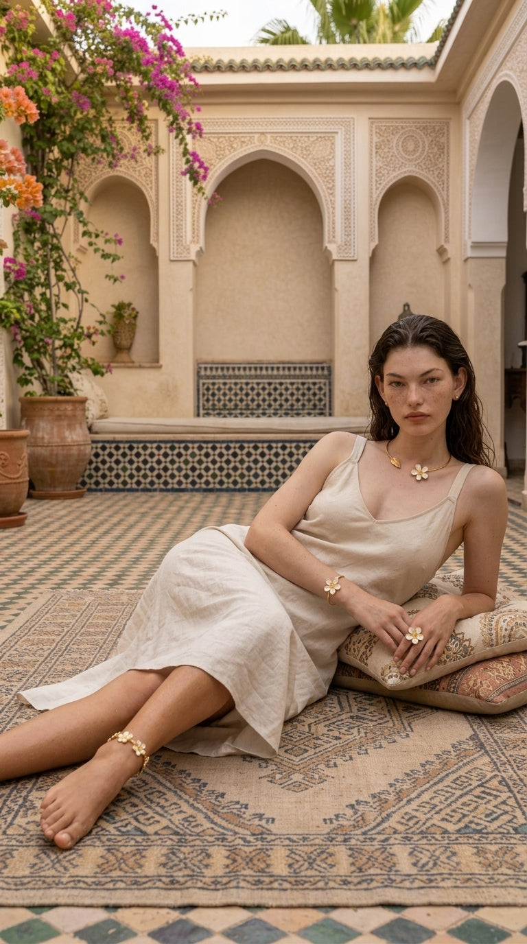 Ensemble Hibiscus Blanc — Bague, Bracelet et Collier Fleur Dorée