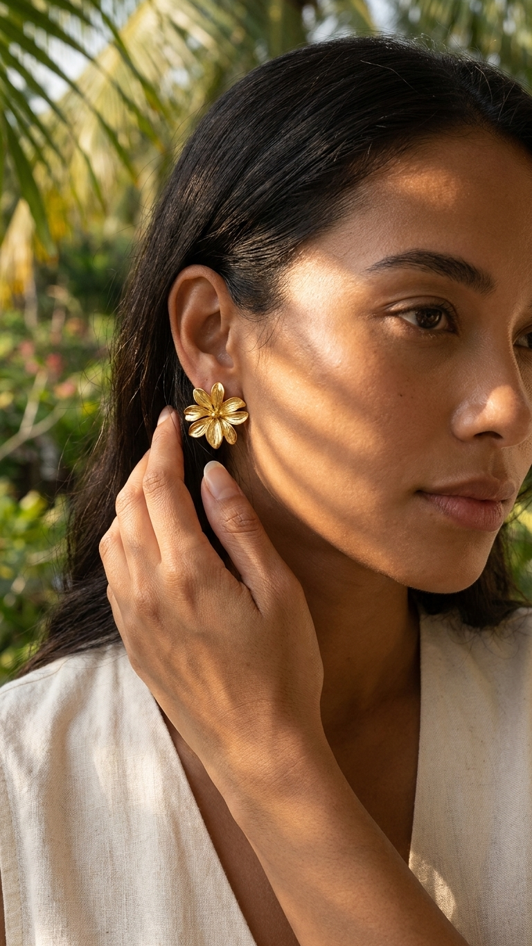 Boucles d'oreilles fleur d'hibiscus portées à l'oreille - Zistwar Jewels