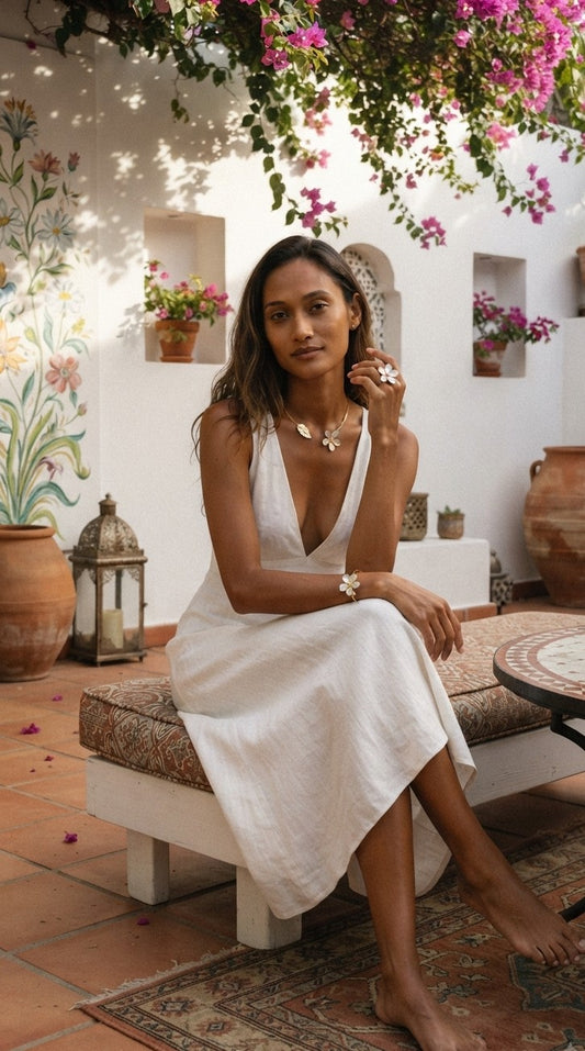 Ensemble bijoux Hibiscus Blanc bague bracelet collier doré - Zistwar Jewels